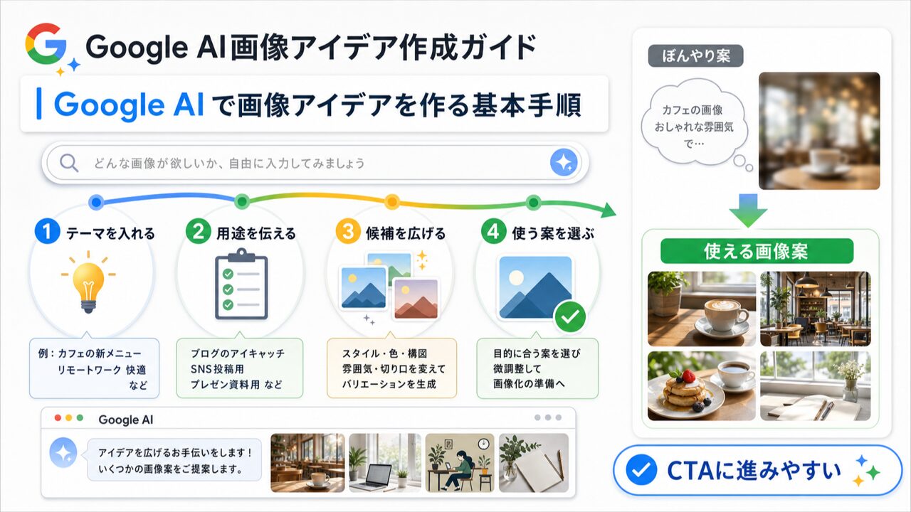 Google AIで画像アイデアを作る基本手順の図解