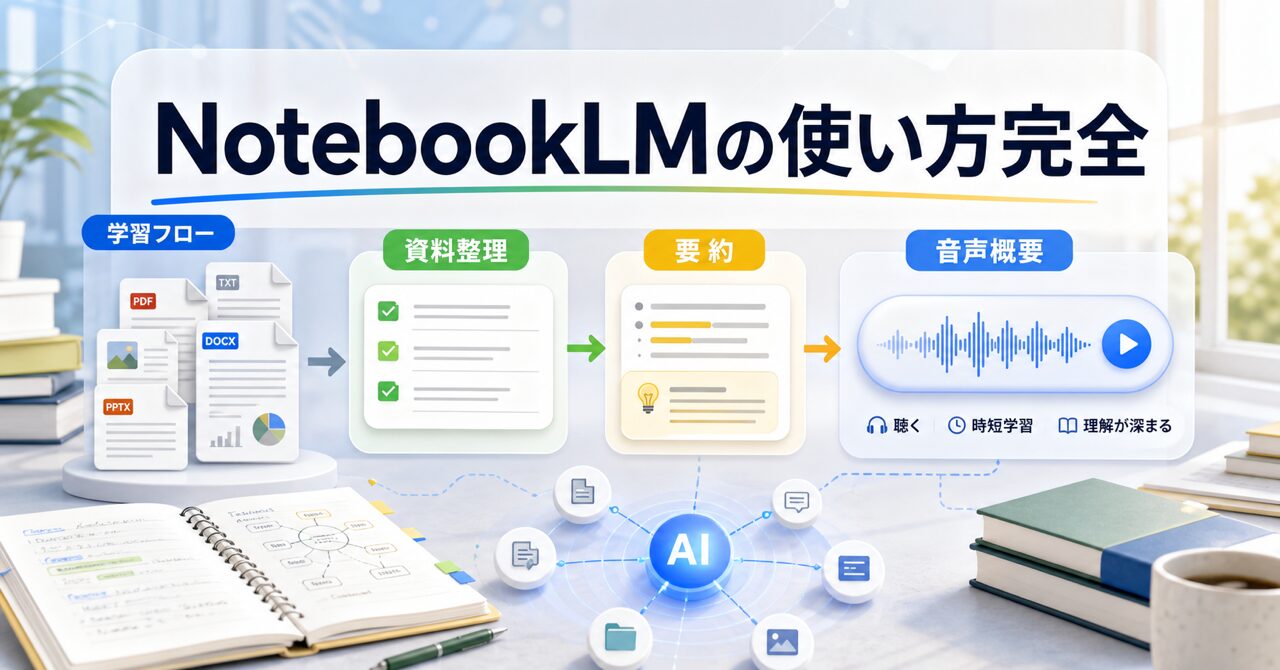 NotebookLMの使い方完全ガイド｜資料整理・要約・音声概要まで解説のアイキャッチ
