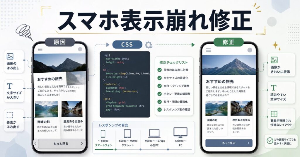 【完全解決】WordPressスマホ表示崩れの原因と修正CSS全まとめのアイキャッチ