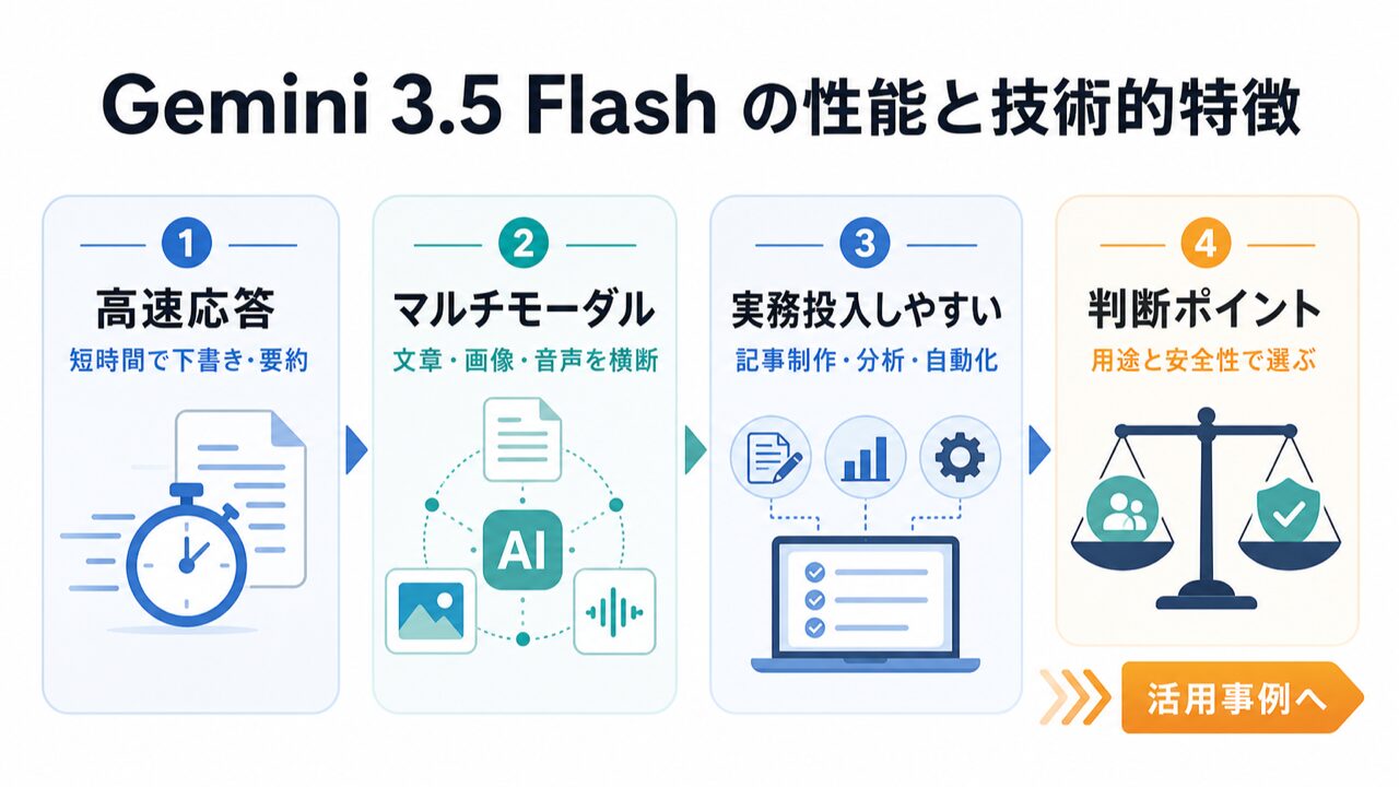 Gemini 3.5 Flash の性能と技術的特徴の要点を整理した図解